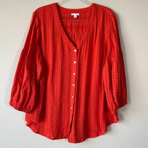 J. Jill size XL v neck button front blouse top long sleeve textured boho orange - Picture 1 of 13